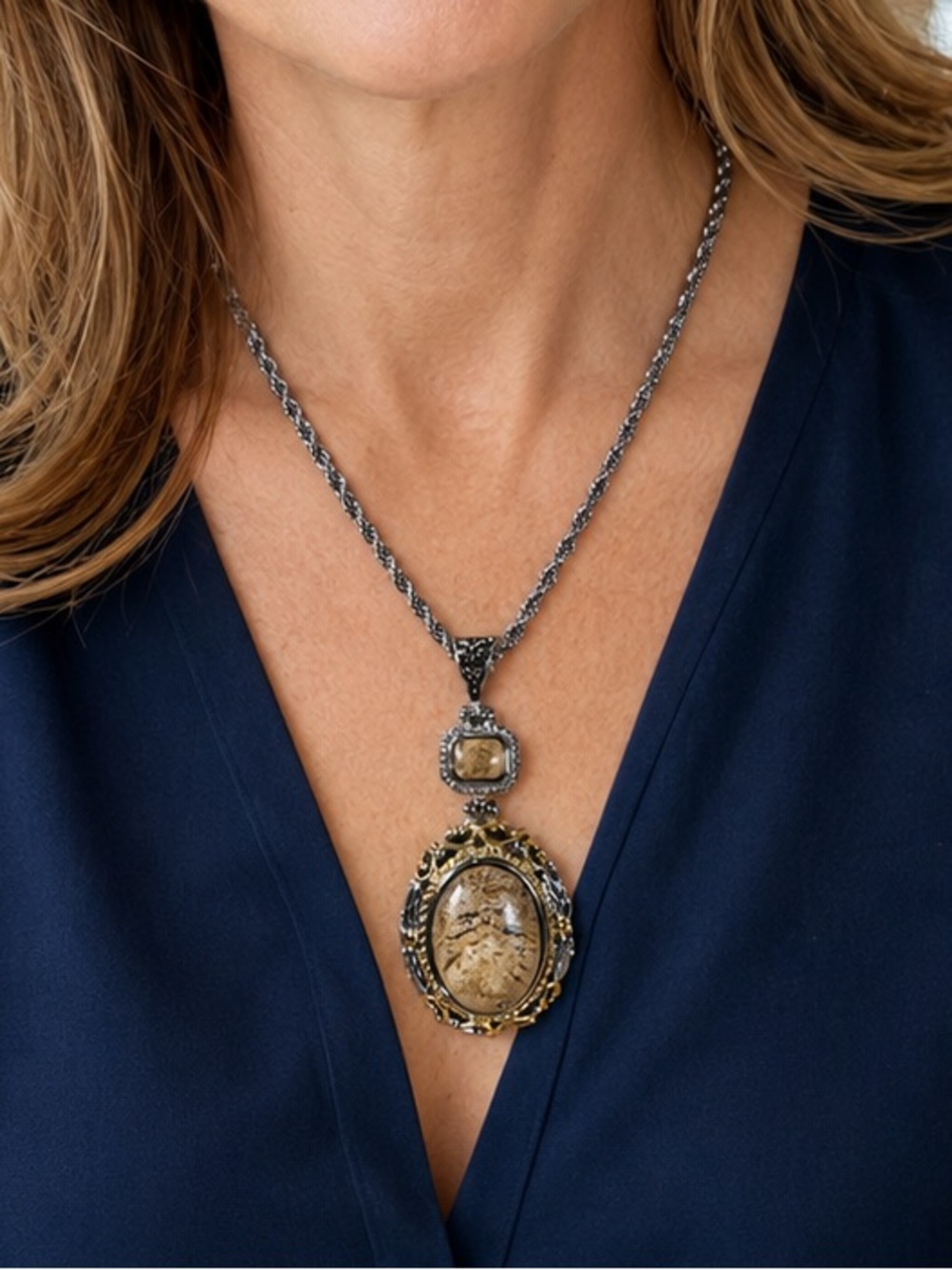 18” Two Tone Ornate Natural Stone Pendant Necklace